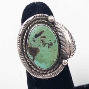Navajo Green Turquoise Feather Sterling Silver Ring Size 6.5-6.75