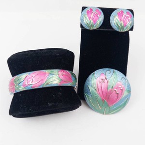 Vintage Kramer Floral Enamel Jewelry Group - Bracelet, Brooch & Earrings