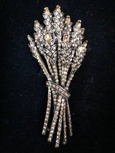 Vintage Floral Spray Brooch With Rhinestone Accents
