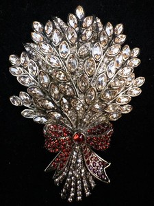 Kirks Folly Jeweled Foliage Bouquet Brooch With Red Rhinestones
