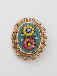 Italian Micro Mosaic Floral Filigree Brooch