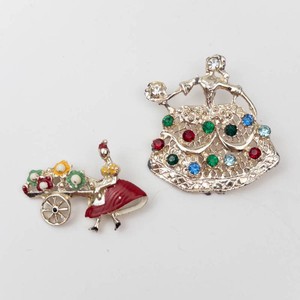 Vintage Jeweled Figural Brooches - Woman and Carriage Designs (Lot of 2)