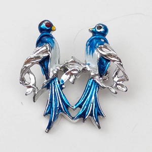 Blue Enamel Pair Brooch - Silver-Tone Bird Pin