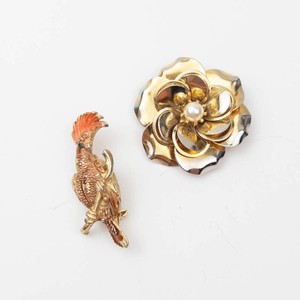 Gold-Tone Floral & Bird Brooches - Decorative Pin Set (2pc)