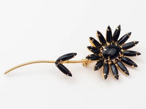 Gold-Tone Black Floral Brooch With Leaf Accent