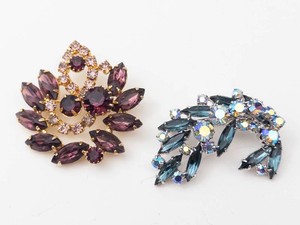 Rhinestone Floral & Leaf Brooches (Lot of 2)