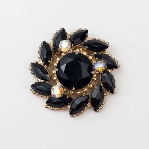 Floral Black Stone Gold-Tone Brooch