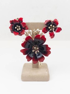 Vintage Coro Red & Black Floral Brooch and Clip-On Earrings Set