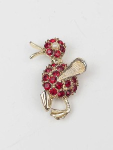 Vintage Gold-Tone Duck Brooch With Red Rhinestones and Faux Pearl