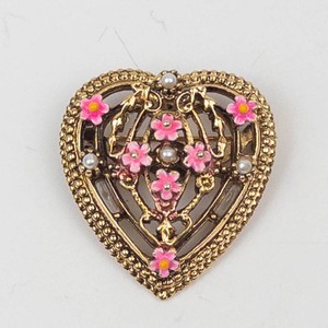 Gold-Tone Heart Floral Brooch With Pink Flowers and Pearl Accents