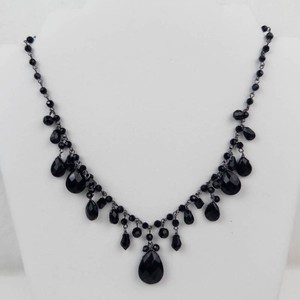 Black Faceted Beaded Statement Necklace With Teardrop Dangles