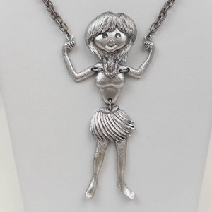 Vintage JJ Articulated Girl Silver-Tone Pendant Necklace