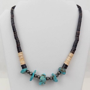 Turquoise and Black Heshi Beaded Sterling Silver Necklace