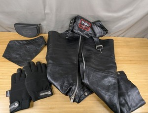 Assorted Leather Motorcycle Chaps and Gear Set S