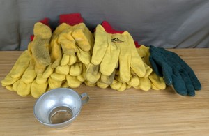 11 Pairs of Assorted Work Gloves and Metal Funnel Set
