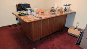 antique turn of the century solid oak dovetail business desk with glass top