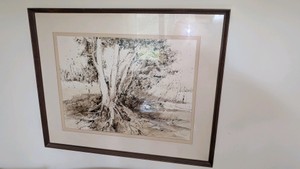 vintage water painting large tree about 32x28