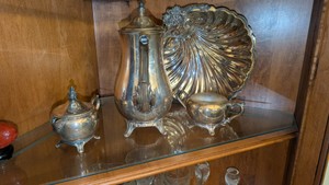 silver teapot with creamer and sugar set 3 pieces with shell serving platter