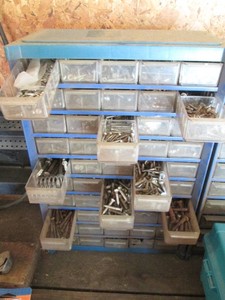 Multi-Drawer (50) benchtop hardware organizer with assorted fasteners, hardware and other content