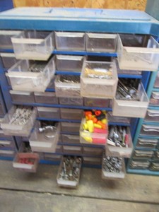 Multi-Drawer (45) benchtop hardware organizer with assorted fasteners, hardware and other content