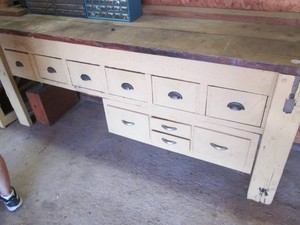 Vintage painted wood workbench with storage drawers 95x25x37in