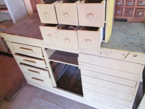 Vintage painted wood workbench with drawers and underneath storage plus benchtop multi-drawer organizer with hardware approx 61.5x29.5x37.5