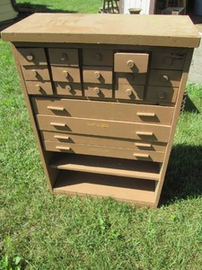 Vintage wood multi-drawer storage cabinet with shelves approx 28x13x41in