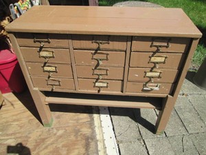 Antique wood multi-drawer card file organizer approx 38x15x33in