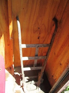 Antique wood frame, metal wherl and tray hand truck