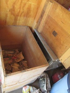 Antique wood deep lidded storage box with assorted vintage glass bottles approx 30x20x29in