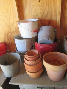 Vintage metal and enamelware pails and Tera Cotta planters