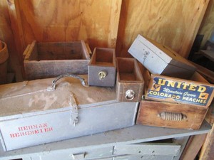 Vintage wood and metal drawer and box bundle