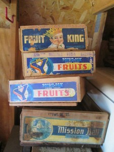 Variety of vintage wood fruit boxes