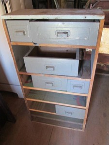 Vintage wood shelf with misc wood drawers approx 25x11x47in