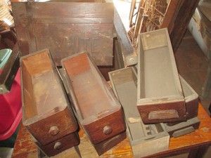 Vintage White sewing table door and multiple assorted sewing table drawers