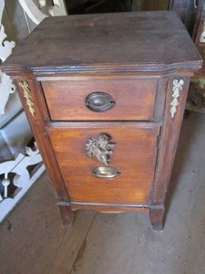 Vintage wood night stand with drawer, door and antique brass tone hardware