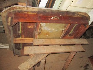 Vintage wood table with drawer and carved legs & caster wheels approx 49x34in surface area unassembled, no hardware