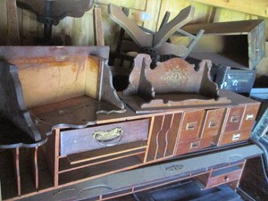 Vintage wood desktop organizers and wall shelves
