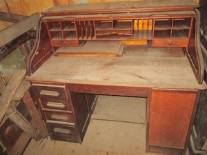 Vintage wood roll top secretary desk with lots of storage compartments approx 48x30x46in stubborn roll top
