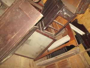Vintage bedroom set some parts, others just unassembled Vanity table, headboardfootboard, mirror and dresser