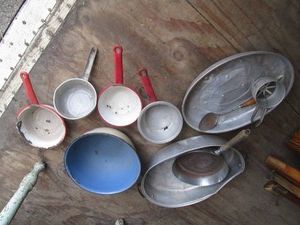Collection of metal enamelware pots and pans plus metal roaster and metal frying pan