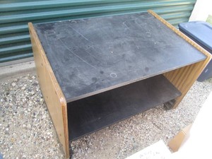 Dual sided multimedia table on wheels approx 36x25x24in