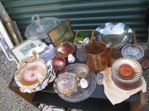 Vintage depression Era glass candy dishes, plates, salt & pepper shakers, cake plates, candle sticks, dinnerware and, wall decor and more with covered tote