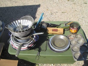 Enamelware and metal bakeware, vintage kitchen tools and more