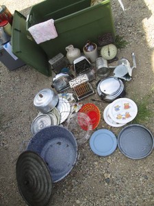 Large covered Tote containing a variety of vintage toasters, enamelware, kitchen scale, metal bakeware and more