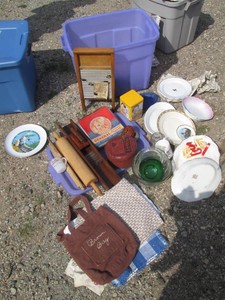 Huge lot of vintage fine China, glassware, wood kitchen tools, advertisement tins and other collectibles