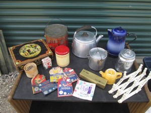 Vintage Tin kettles, racially diverse wood box, tins and assorted kitchen collectibles