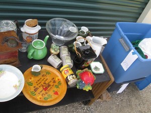 Vintage coffee mill, decorative serving pieces, home decor and more with covered tote