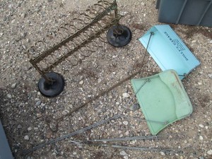 Metal freestanding paint brush holder and vintage metal dustpans