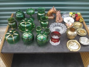 Antique green and gold tone X-Ray glassware dishes, vintage brass tone and silver plated ashtrays with other collectibles